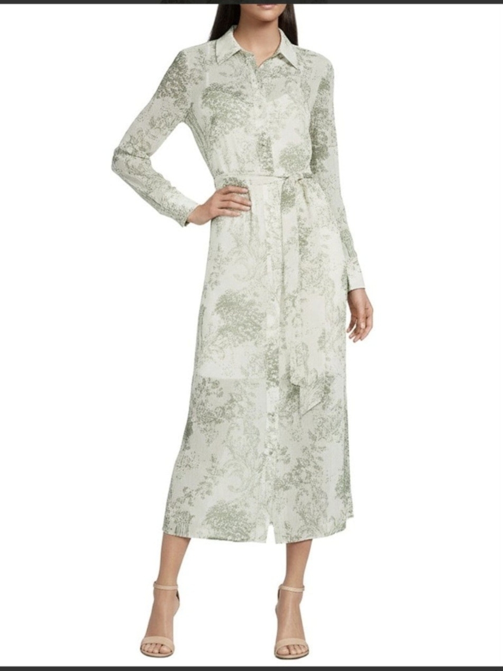 Alex Marie Jessie Sheer Chiffon Collar LS Dress Tie Waist Sage Green Toile - L